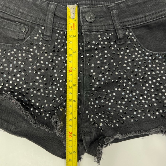 Black Denim Shorts Studded Detail Cutoff Raw Hem Summer Glam Rhinestone Beaded - Picture 7 of 17